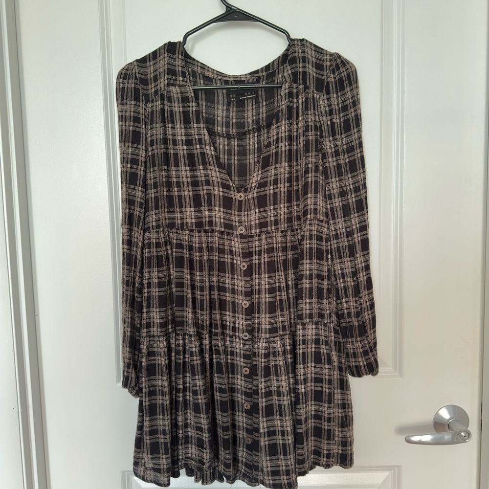 Urban outfitters Plaid Black and Cream long sleeve babydoll Dress